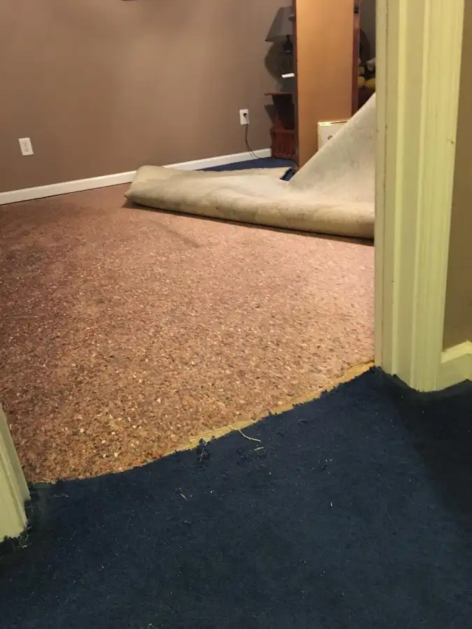 Carpet pad removal revealing water damage during Water Mitigation Services in Cottage Grove